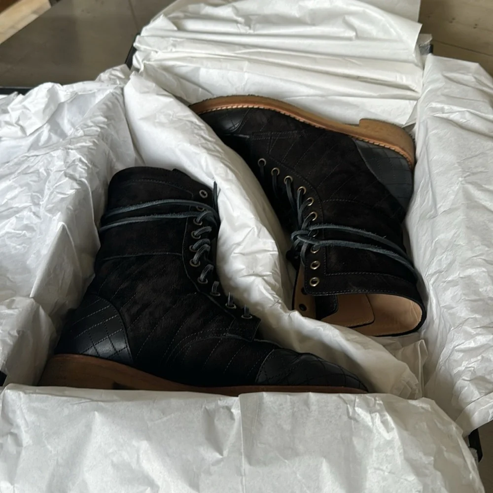 Chanel black suede combat military boot bootie lace up quilted Sz 38.5 w/ box